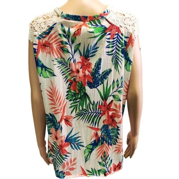 EUC NEW YORK LAUNDRY TROPICAL FLORAL RAW HEMLINE LACE SLEEVES POLYESTER TOP XL - Picture 2 of 10